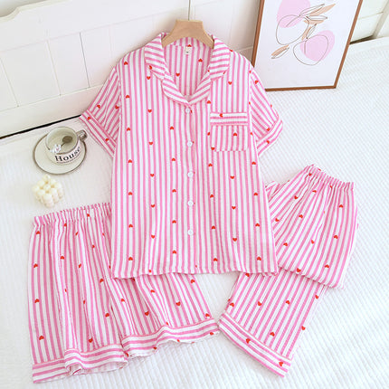 Various Style Spring and Summer Cotton Crepe Pajamas Sweet Three-Piece Short-Sleeved Trousers Spring and Autumn Loose Casual suit
