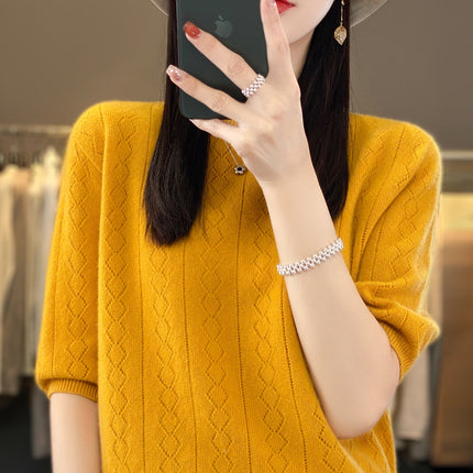 23 woolen sweater women's round neck short sleeve knitted bottoming shirt half sleeve hollow-out design top wholesale