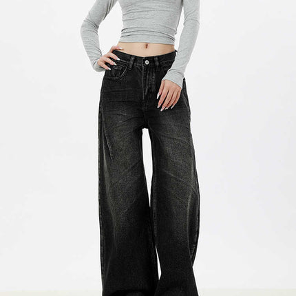 Vintage Washed Black Wide-Leg Jeans for Women 2025 Autumn Loose Design Slimming Straight Floor-Length Pants