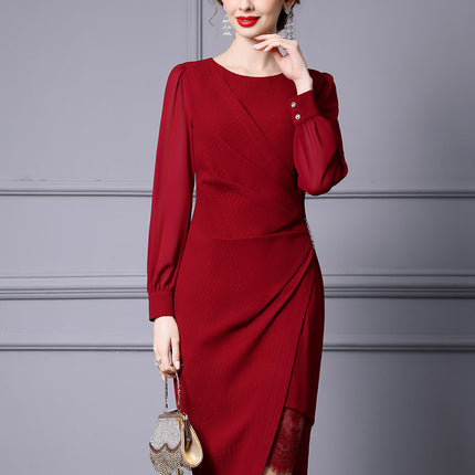 Zhilike Red Irregular Bodycon Wrap Dress, High-End Luxury Lace Patchwork Dress That Accentuates the Figure, Spring Collection