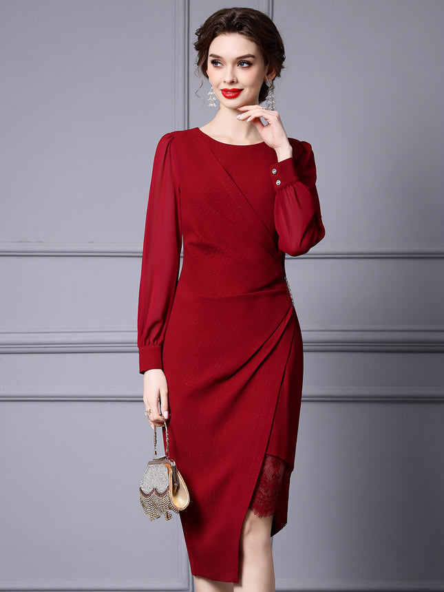 Zhilike Red Irregular Bodycon Wrap Dress, High-End Luxury Lace Patchwork Dress That Accentuates the Figure, Spring Collection