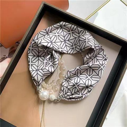 2026 New Magnetic Buckle Small Silk Scarf with Geometric Patterns and Rhinestones, Magnetic Necklace Scarf, Women's Hairband Scarf