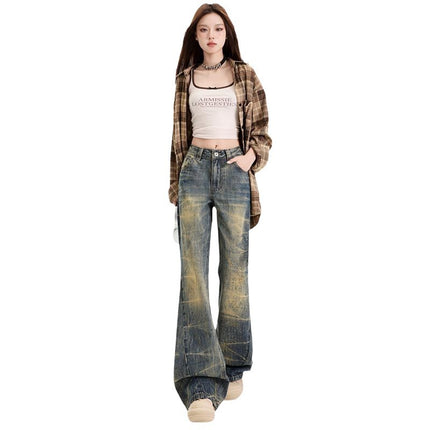 Spring 2025 New American Style Nostalgia Hand-Embroidered Pinch Pleated Spray Ma Ji Heavy Industry Nostalgia Micro La Jeans Women
