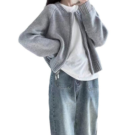 Korean Style Double Zipper avocado green Knitted Cardigan Outer Wear Slimming All-match Short Sweater Women's Elegant Meat-covered Jacket