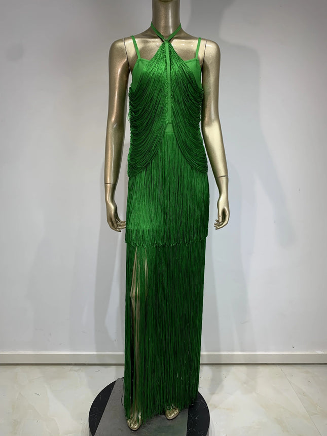 Cross-border Foreign Trade New European and American High Street Fashion Green Bandage Tassel dress Red Carpet Banquet Party Dress