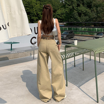 American Style Retro Jeans Women's Design Stitching khaki Loose Lazy Wide Leg Straight Pants