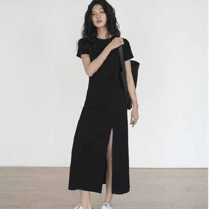 Cross-border Split Figure Figure Crewneck Short-sleeved dress Women's Summer New Waist Design Sense Slim-fit Elegant Skirt
