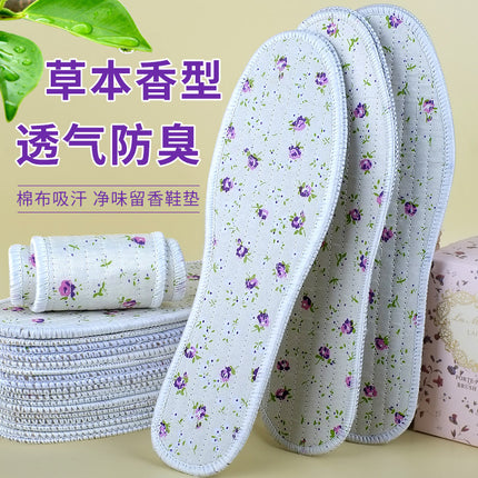 Wholesale Herbal Floral Cotton Insoles for Men, Sweat-Absorbent, Breathable, Fragrant, Multi-Layered Fabric, Thin, Comfortable, Breathable Insoles