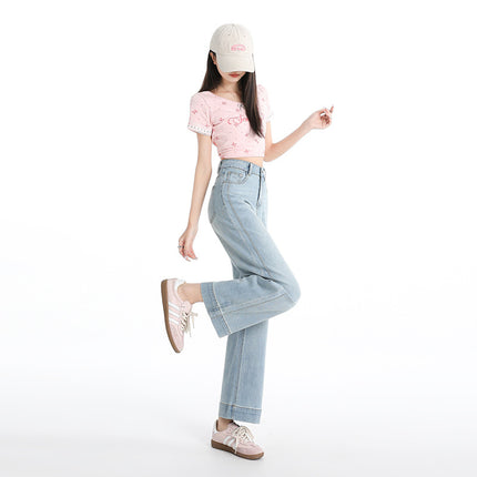 Raccoon House # Lyocell Loose Baguette Pants High-Waisted Elastic Straight Pear-Shaped Figure Slim Jeans for Women