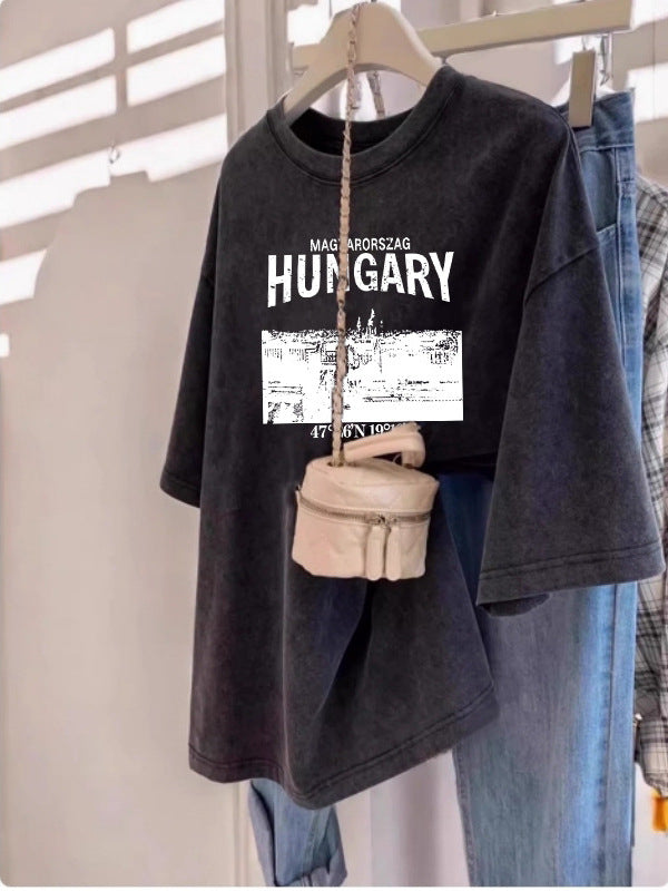 Plus Size Washed Distressed T-Shirt Short-Sleeved Women's New American Retro Loose Slim Couple Versatile Half-Sleeved Top Trendy
