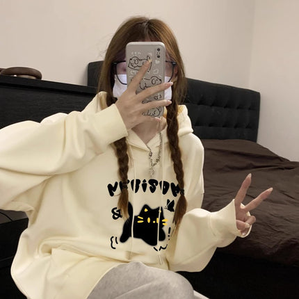 [David's 190g] Korean version of black cat printed sweater students fall/winter loose hooded pullover coat