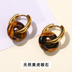 Natural Yellow Tiger Eye Stone bread ring titanium steel gold-plated earrings / 18+15mm