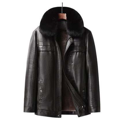 Cross-border plus size detachable liner men's leather jacket business casual dad's leather jacket fleece-lined thickened leather jacket