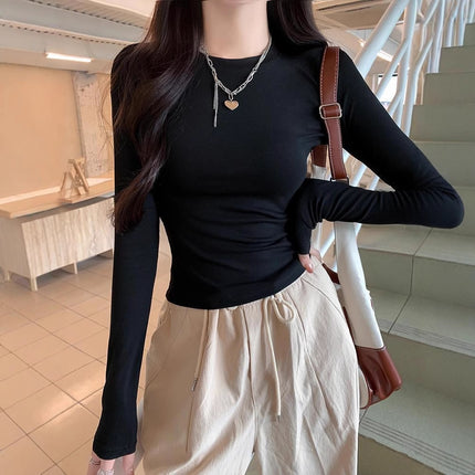 Foreign Trade Hot Girl Waist-Cinching Long-Sleeve T-Shirt for Women, Spring and Autumn Solid Color Slim-Fit Versatile Base Shirt, White Top