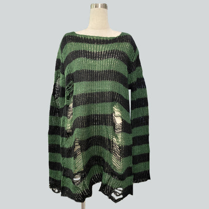 Niche dark classic mohair new thin striped ripped loose long European and American Foreign trade sweater