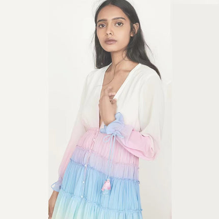 WT1119# Summer European and American Foreign Trade Women's Wear ebay Amazon Deep V Long Sleeve Gradient Printing Dress