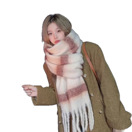 New Korean-Style Thick Striped Warm Winter Scarf for Women, High-Grade Mohair Green Neck Warmer for Men, Extended Shawl