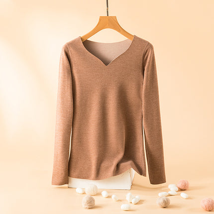 Warm top women's winter love neckline inner brushed fleece-lined thick loose all-match long sleeve seamless bottoming shirt