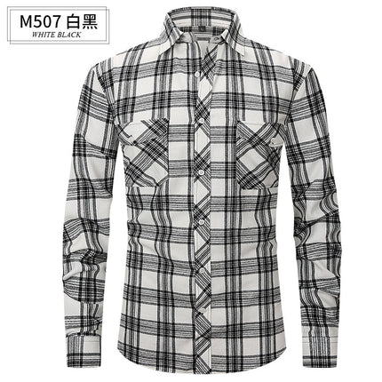 Spring and Summer Slim Amazon Fashion Brushed Plaid High-End Long-Sleeved Double Pocket Flannel Men's Shirt