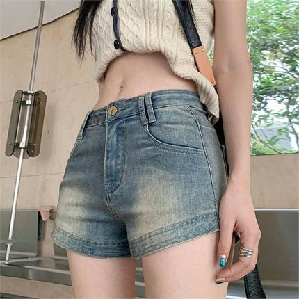 Petite Washed High-Waisted Denim Shorts for Women 2025 Summer New American Retro Hot Girl Slimming Hot Pants
