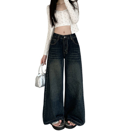 Spring New Retro dark blue Wide Leg Mop Jeans Women