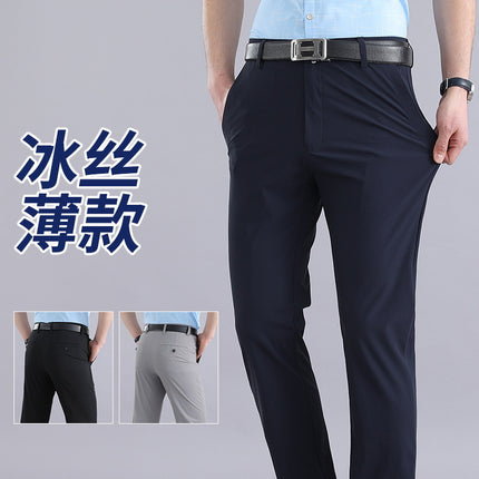 Ice Silk Stretch Pants Summer Thin Men's Non-ironing Casual Pants Men's Straight Slim-fit Business Black Pants