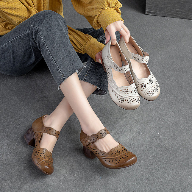 Shanghai Jie suddenly new first layer cowhide round toe brushed Velcro small low heel hole shoes retro style casual women's shoes