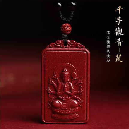 Natural raw ore cinnabar double-sided Buddha pendant twelve Zodiac men's and women's necklace portable pendant Manshu Bodhisattva