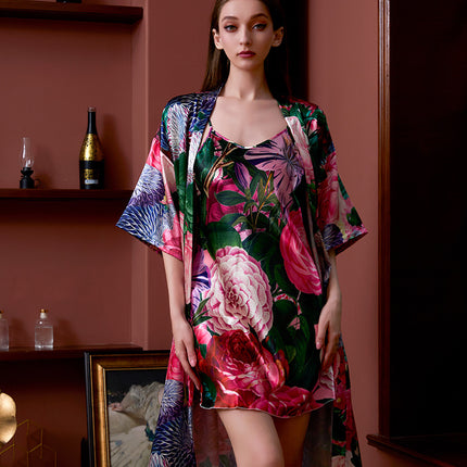 Cross-border printed nightgown suit women summer sexy ice silk middle sleeve plus size bathrobe silk bridal morning gown manufacturers wholesale