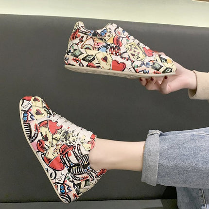 European and American New Hand-painted Graffiti Sneakers Women's McQueen White Shoes Leather Top Thick-soled Elevated Board Shoes Women's Casual Shoes Trendy