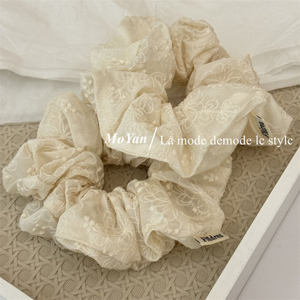 Artistic Retro Cotton Lace Embroidered Large Intestine Hair Ring Hand-made High-grade Beige Hair Rope Head Flower Elegant Tie Rope