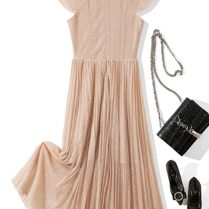 L6961 2025 summer women's new round neck applique decorative mesh pleated short sleeve dress