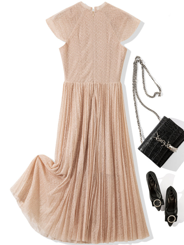 L6961 2025 summer women's new round neck applique decorative mesh pleated short sleeve dress