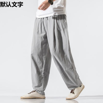 Pendant Wide-leg Pants Men's Loose Straight Linen Pants Chinese Style Spring and Summer Linen Bloomers for Fatty Men Cotton and Linen Casual Pants