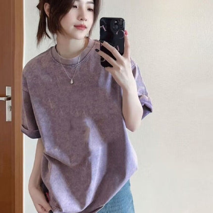 Washed Distressed Pure Cotton Short-Sleeved T-Shirt for Women Ins Trendy Loose Retro Large Size Slim Couple Half-Sleeved Top Summer