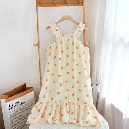 Cotton Gauze Sling Nightgown Women's Summer All Cotton Thin Cute Fresh Pajamas Loose Sweet Crepe Home Clothes