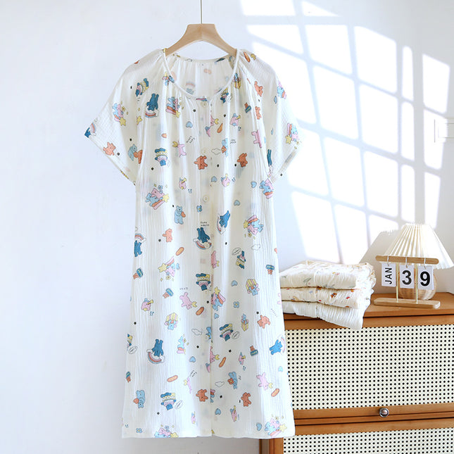 Pure Cotton Gauze Three-Quarter Sleeve Nursing Nightgown, Summer Thin Maternity Pajamas, Postpartum Clothing for Expectant Mothers, Postpartum Nursing Clothes