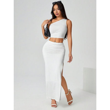 M8645 Dropshipping Aliexpress Amazon Cross-Border New Nightgown Women's Casual Solid Color Pleated Side Slits