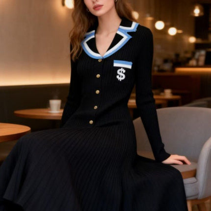 Cross-Border European and American Pure and Sexy Knitted Dress, Long-Sleeved, Autumn and Winter New Style, Slim Fit, Slit Embroidered Long Dress