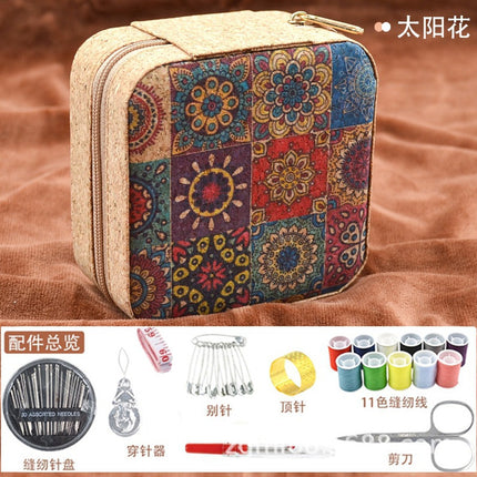 Retro Style Imitation Pu Leather Square Sewing Box Household Sewing and Mending Needle and Thread Set Portable Daily Essential Sewing Kit