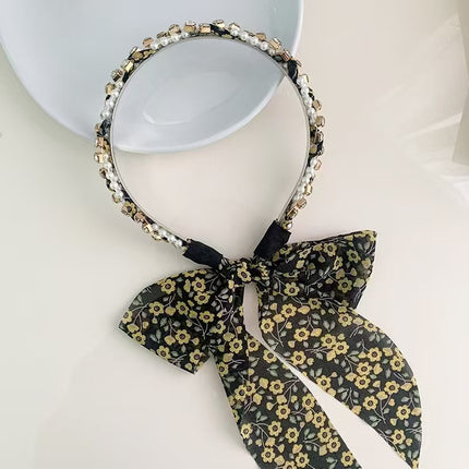 Sweet Floral Pearl Long Strap Hair Band Headband Summer New Sweet Tie Hair One-piece Pressure Hair Headband Women