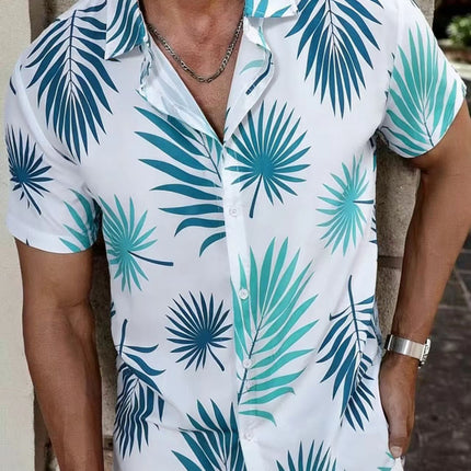 Hawaii vacation men's light green palm leaf men's short sleeve shirt men's shirt summer 2025 new cross-border