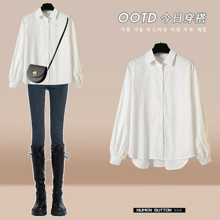 Autumn with a set of 2024 new plus size wear fake two-piece shirt top women's skirt two-piece set