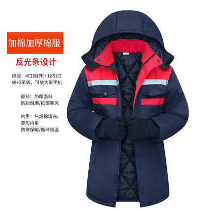 Logo Printed Winter Work Cotton Jacket, Warm Mid-Length Cotton Coat, Mechanic/Auto Repair Cotton Jacket, Cold Storage Clothing, Thickened for Cold Protection