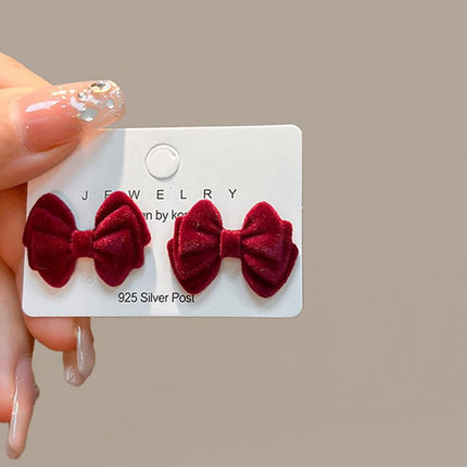 925 Silver New Wine Red Flocking Earrings Elegant Atmosphere Bow Rose New Year Spring Festival Chinese Style Earrings