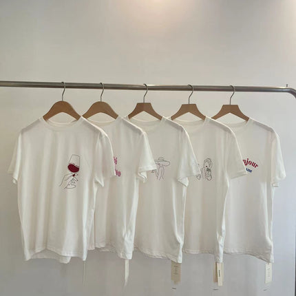 Niche Momsi*Er French Wine Glass Printed Short-Sleeved T-Shirt for Women Ins Super Hot Loose Summer Round Neck Tee