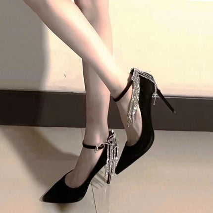 Wholesale Rhinestone Tassel High Heels, Shallow Mouth Strap High Heels, Niche Design Pointed Toe Tassel High Heels