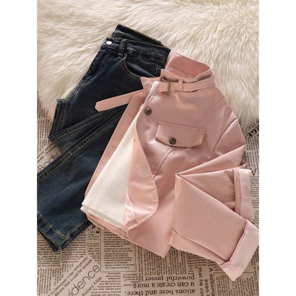 Hong Kong Style Retro suit American Style Design Short Pink Motorcycle Leather Jacket Women's Three-Piece Jeans Set