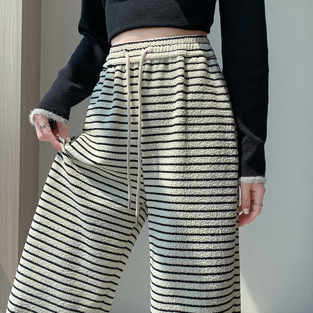 Real Shot Black and White Striped Towel Velvet Wide-Leg Pants for Women 2024 Autum New Loose Drawstring Sports Pants Casual Pants