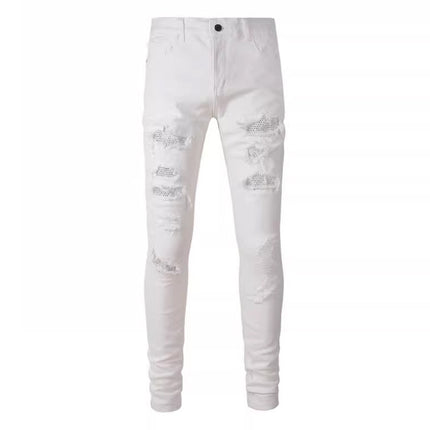 Am Cross-Border Shin European and American High Street Diamond-Encrusted Washed Hole Patchwork Hot Diamond Jeans Beggar Pants for Men